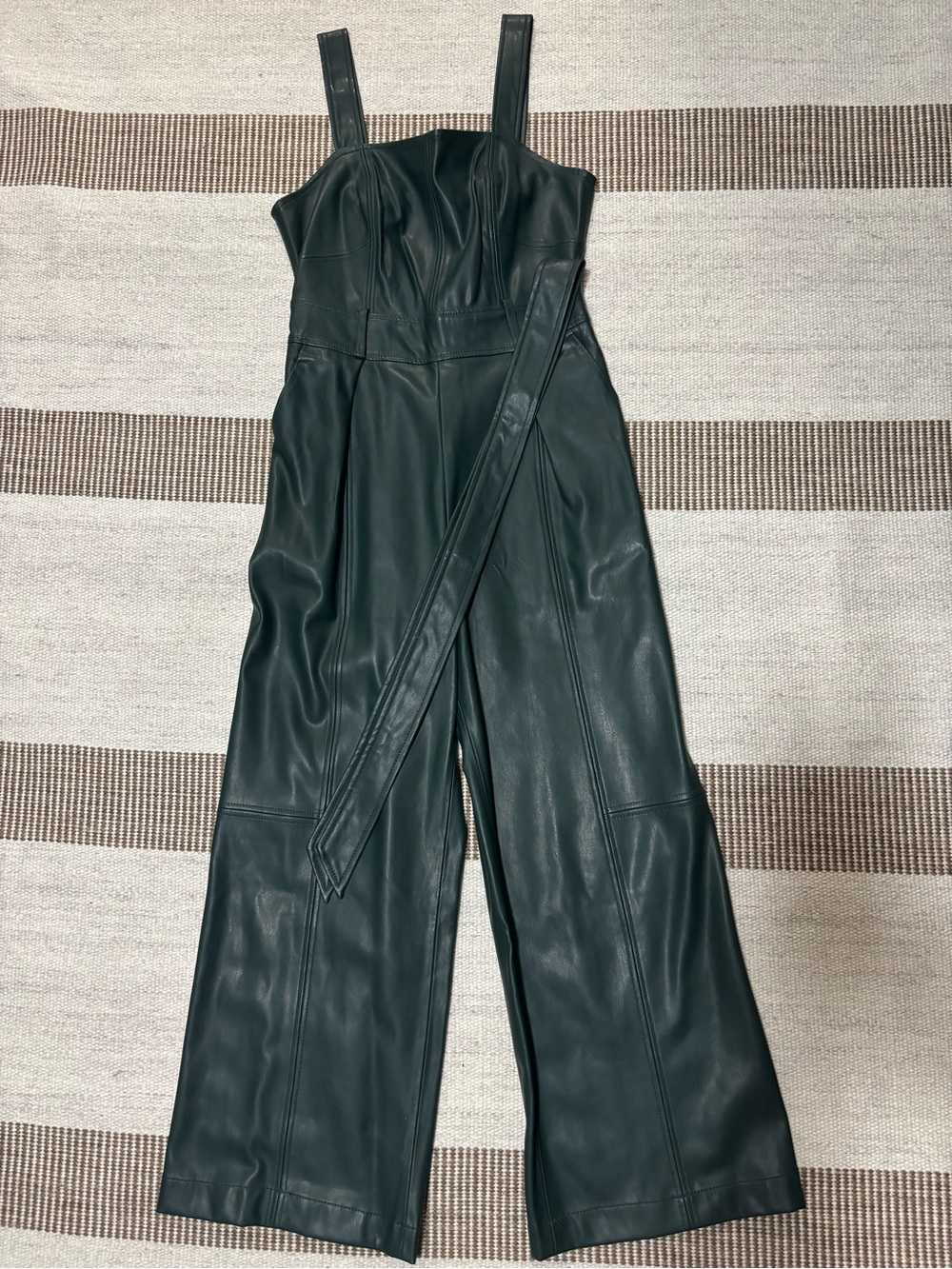 Anthropologie Dark Green Faux Leather Wide-Leg Jumpsuit